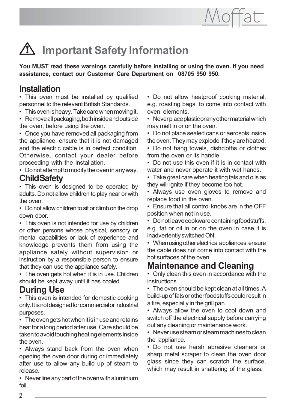 Important safety information, Installation, Child safety | During use, Maintenance and cleaning | Moffat MSF 616 User Manual | Page 2 / 24