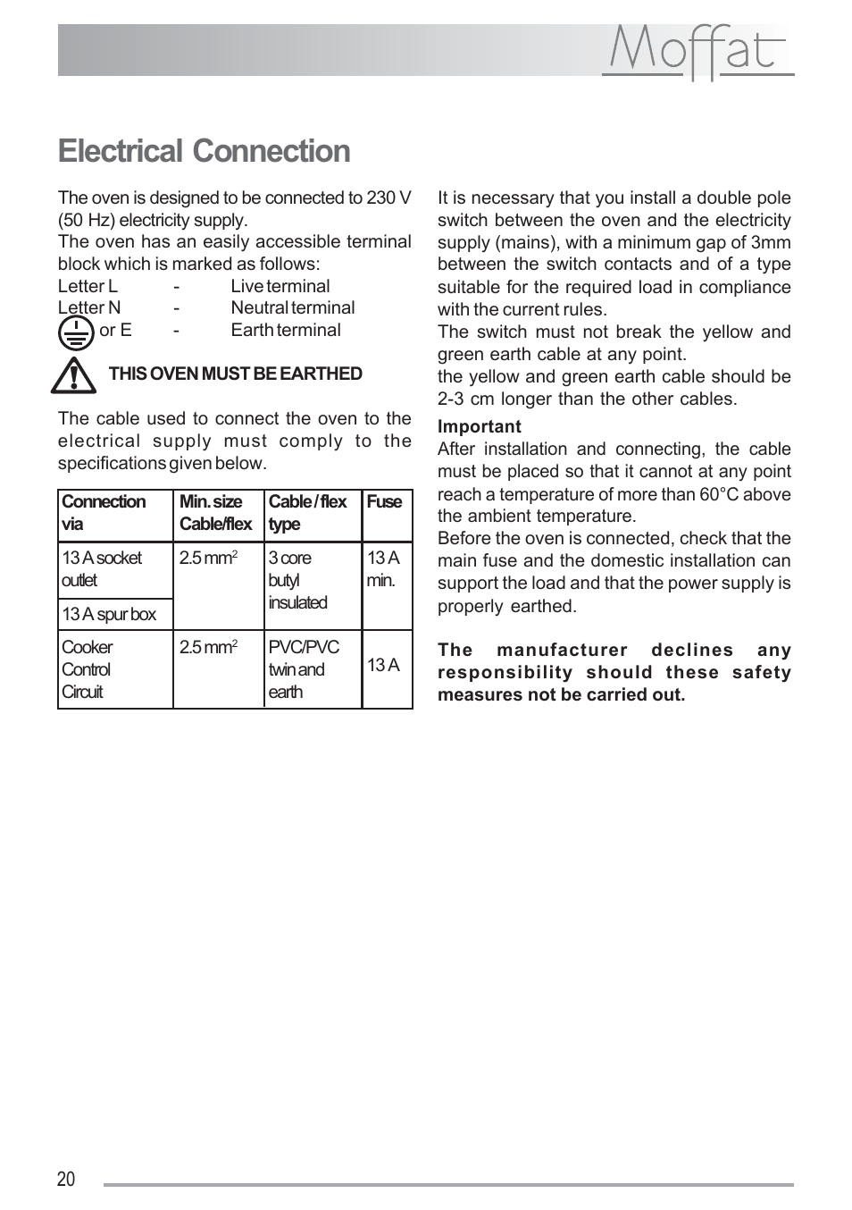 Electrical connection | Moffat MSF 616 User Manual | Page 20 / 24