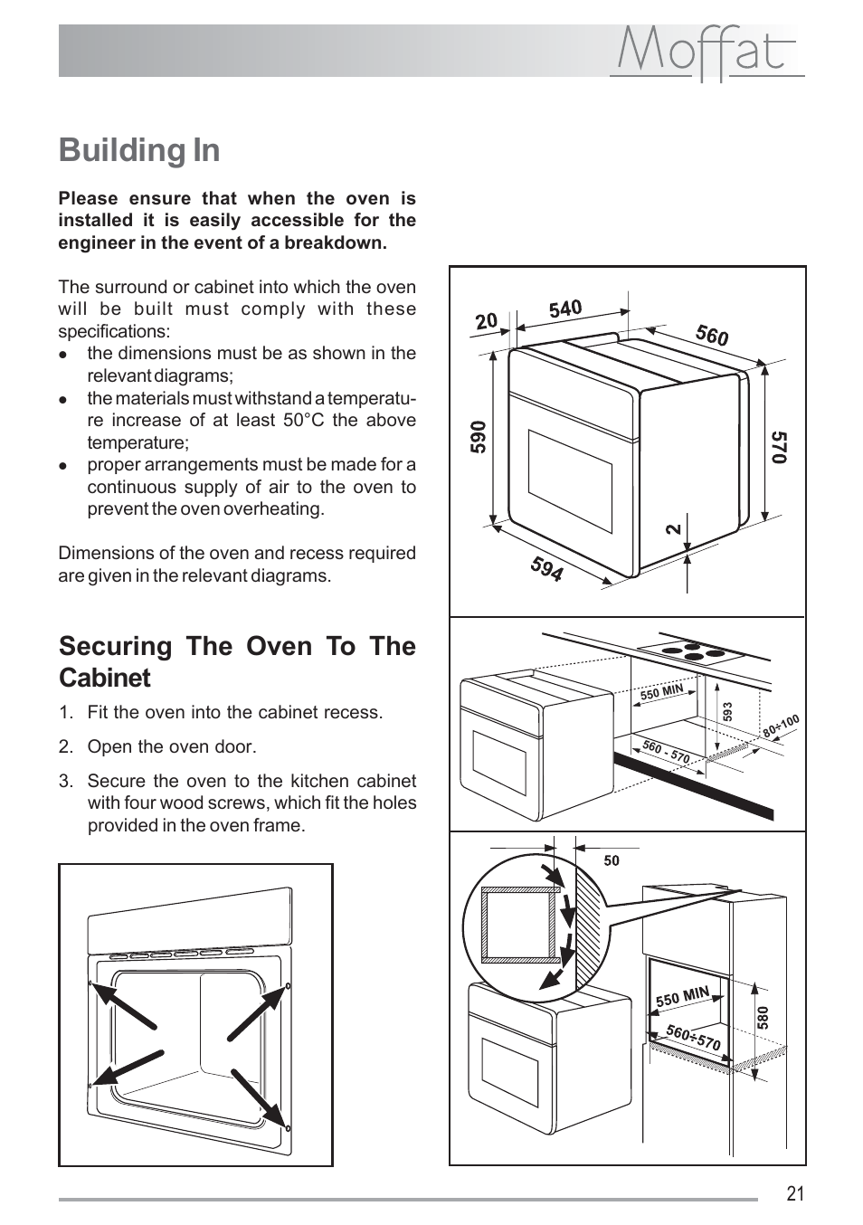 Building in, Securing the oven to the cabinet | Moffat MSF 616 User Manual | Page 21 / 24