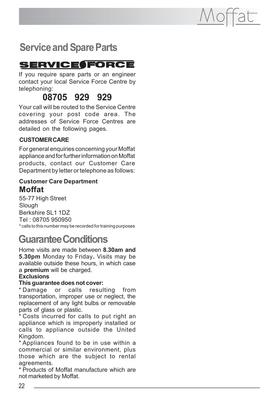 Service and spare parts, Guarantee conditions, Moffat | Moffat MSF 616 User Manual | Page 22 / 24