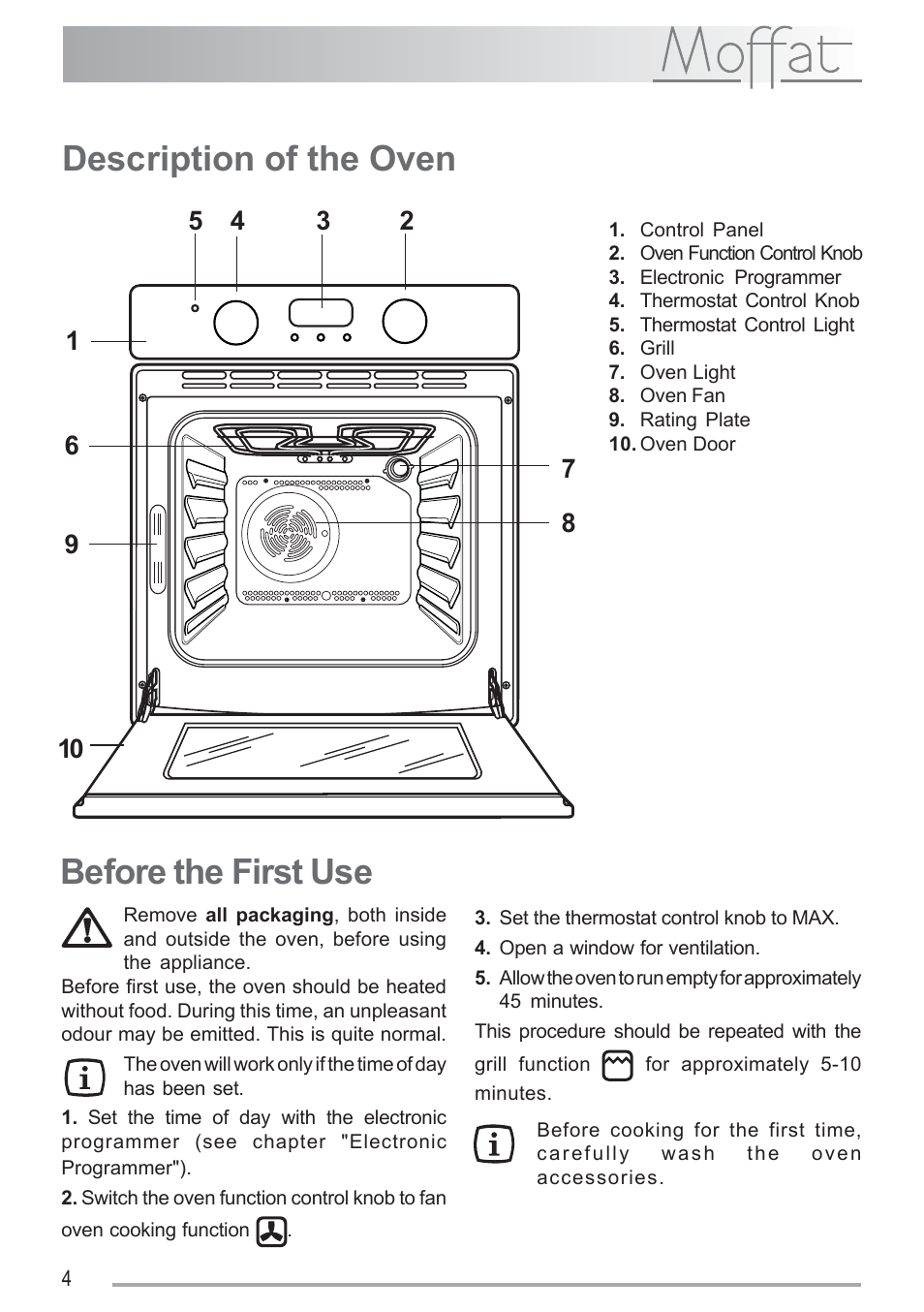 Description of the oven, Before the first use | Moffat MSF 616 User Manual | Page 4 / 24