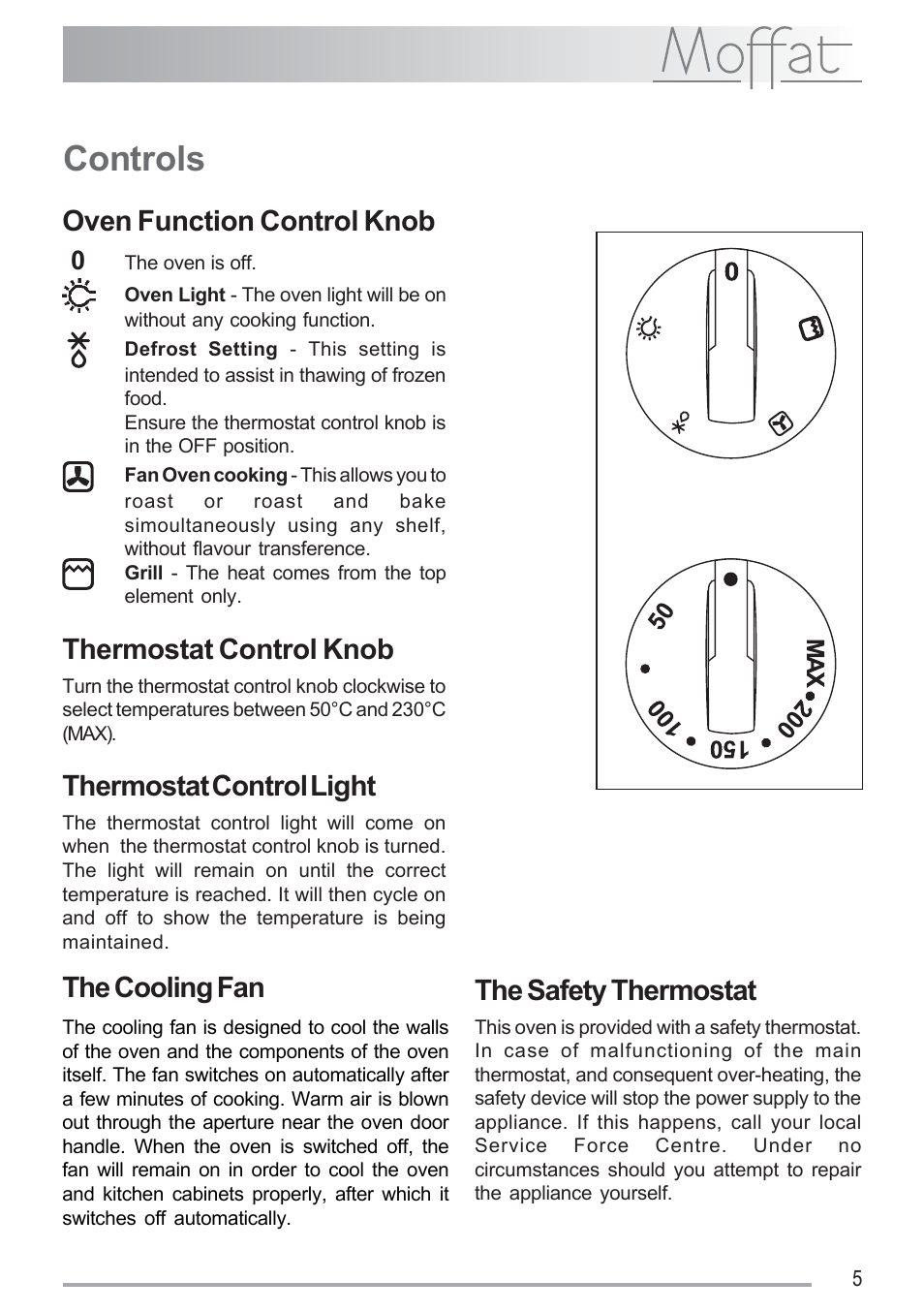 Controls, Oven function control knob, Thermostat control knob | Thermostat control light, The safety thermostat, The cooling fan | Moffat MSF 616 User Manual | Page 5 / 24