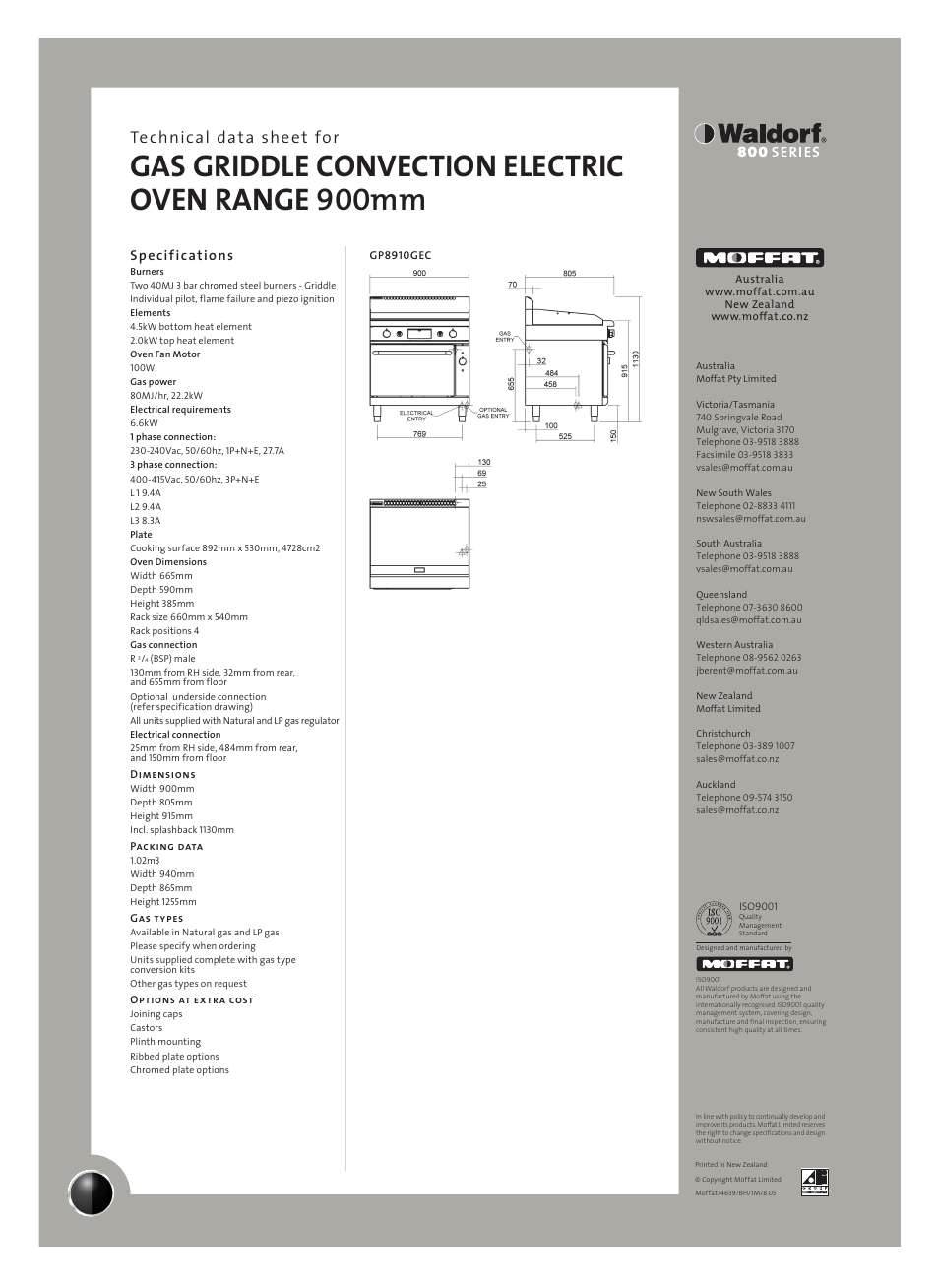 Gas griddle convection electric oven range 900mm, Technical data sheet for, Specifications | Moffat Waldorf GP8910GEC User Manual | Page 2 / 2