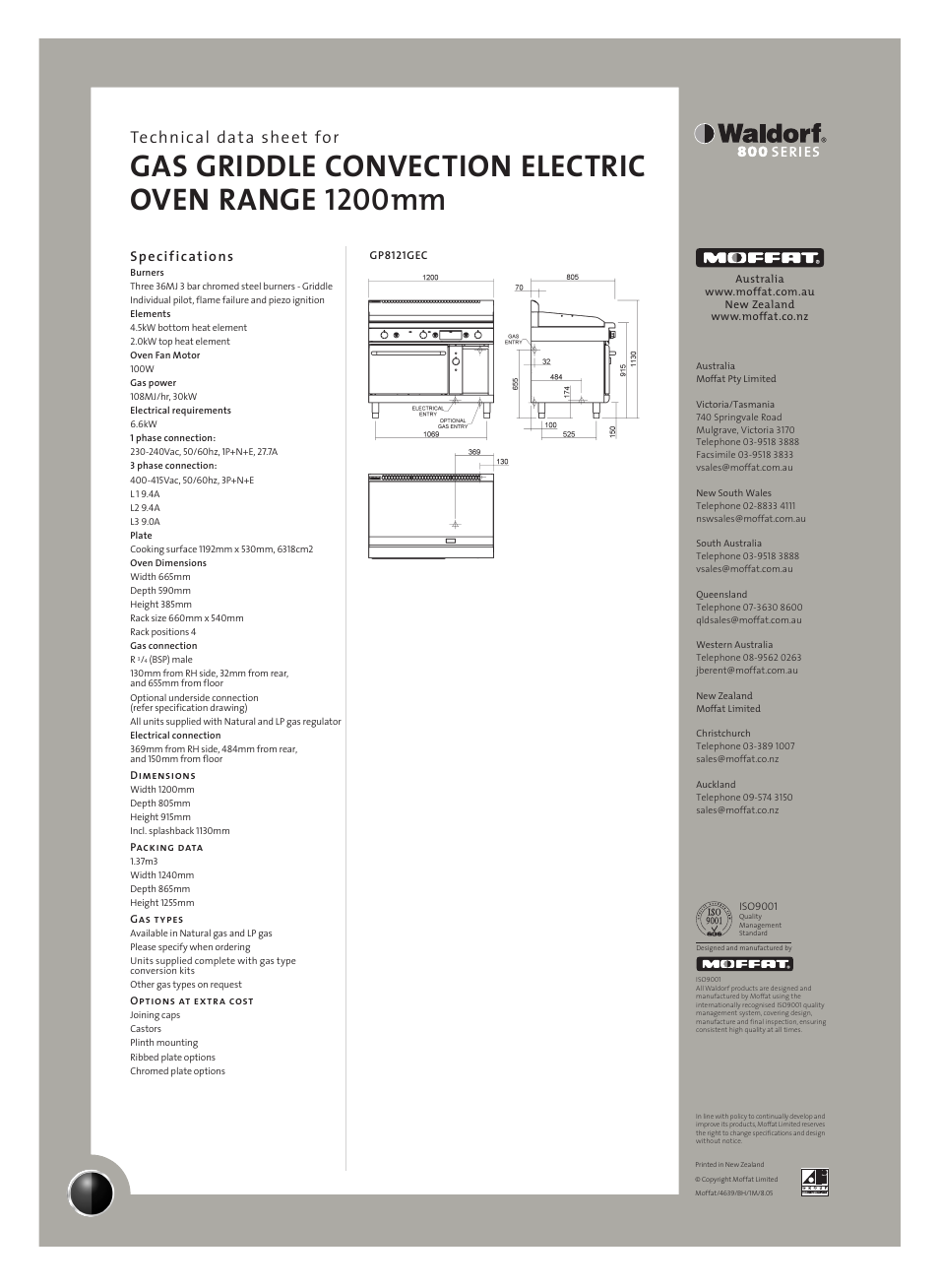 Gas griddle convection electric oven range 1200mm, Technical data sheet for, Specifications | Moffat Waldorf GP8121GEC User Manual | Page 2 / 2