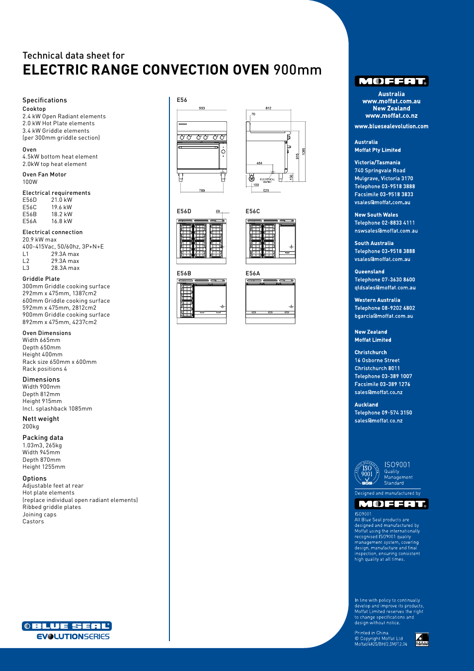 Electric range convection oven 900mm, Technical data sheet for | Moffat E56C User Manual | Page 2 / 2