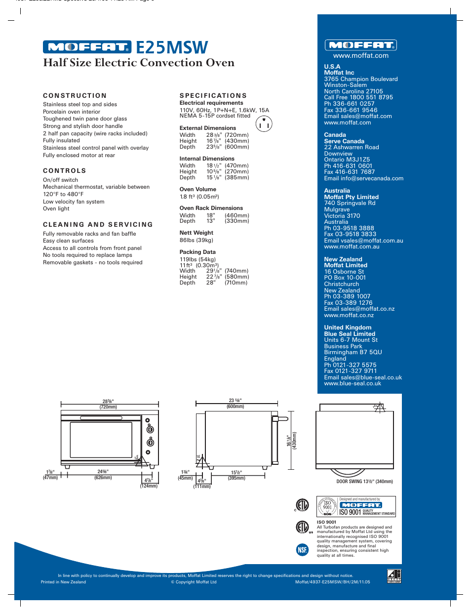 E25msw, Half size electric convection oven, Iso 9001 | Moffat E25MSW User Manual | Page 2 / 2