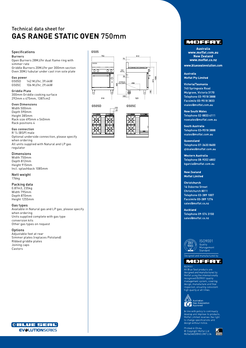 Gas range static oven 750mm, Technical data sheet for | Moffat Blue Seal G505C User Manual | Page 2 / 2