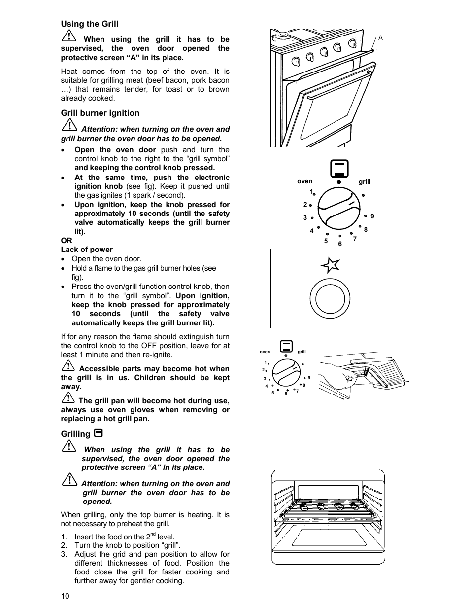 Using the grill, Grill burner ignition, Grilling | Moffat GSC 5061 User Manual | Page 10 / 27