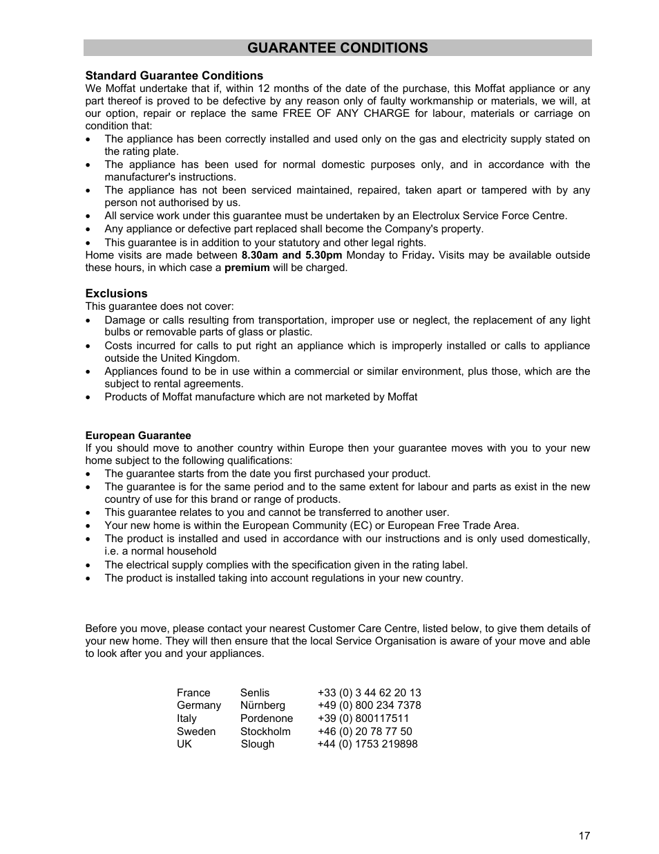 Guarantee conditions | Moffat GSC 5061 User Manual | Page 17 / 27