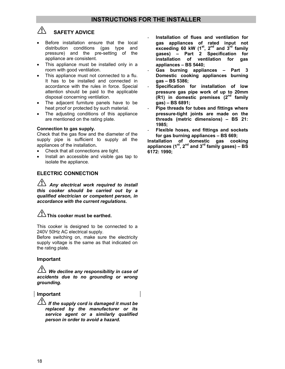 Instructions for the installer | Moffat GSC 5061 User Manual | Page 18 / 27