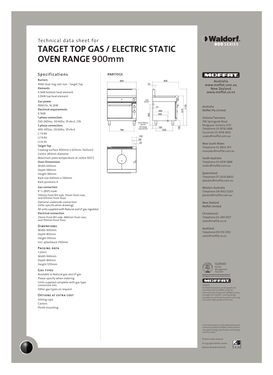 Target top gas / electric static oven range 900mm, Technical data sheet for, Specifications | Moffat WALDORF RN8110GE User Manual | Page 2 / 2