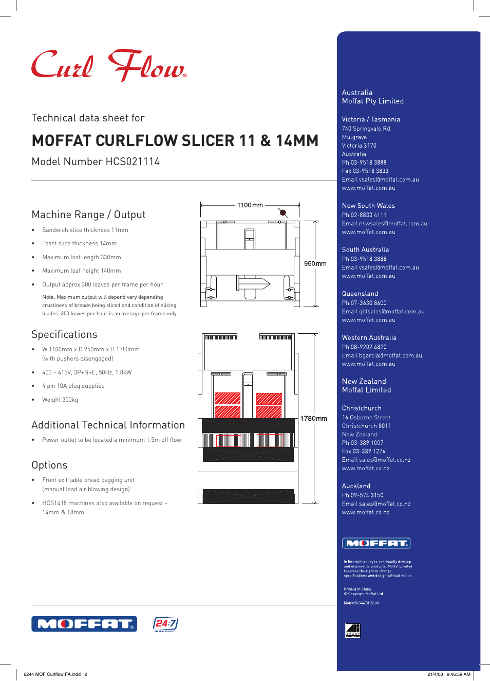 Moffat curlflow slicer 11 & 14mm, Technical data sheet for, Specifications | Additional technical information, Options | Moffat Curlflow Slicer HCS021114 User Manual | Page 2 / 2
