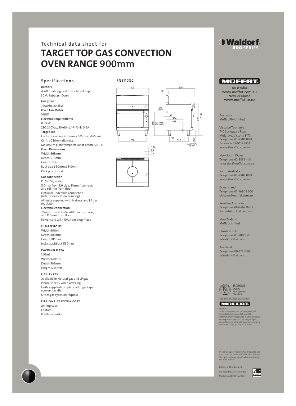 Target top gas convection oven range 900mm, Technical data sheet for, Specifications | Moffat RN8110GC User Manual | Page 2 / 2