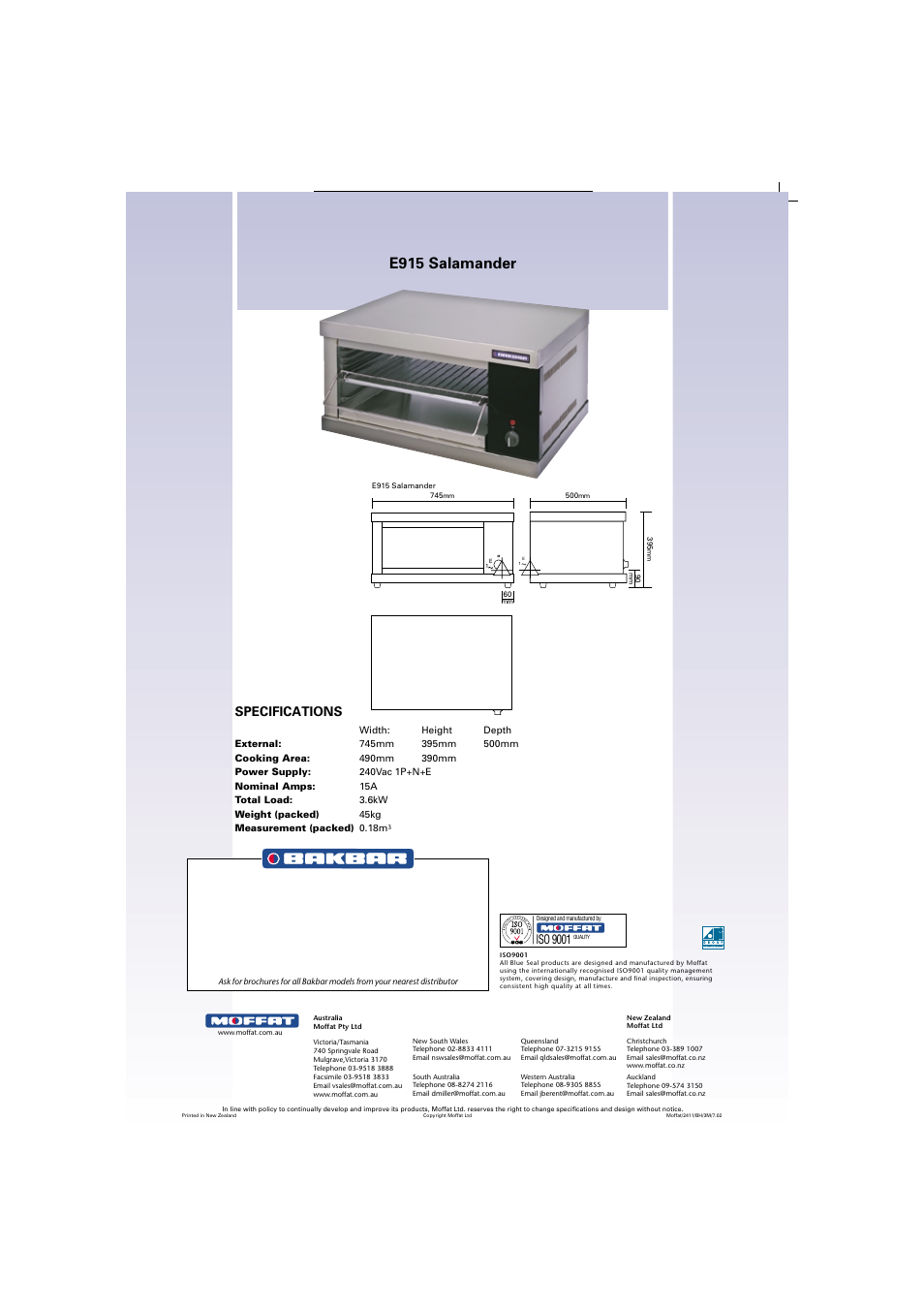 Moffat Bakbar E915 User Manual | 1 page