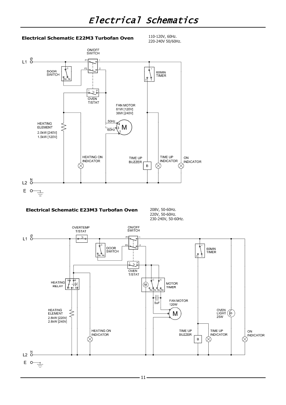 Electrical schematics | Moffat TURBOFAN E20M User Manual | Page 13 / 17