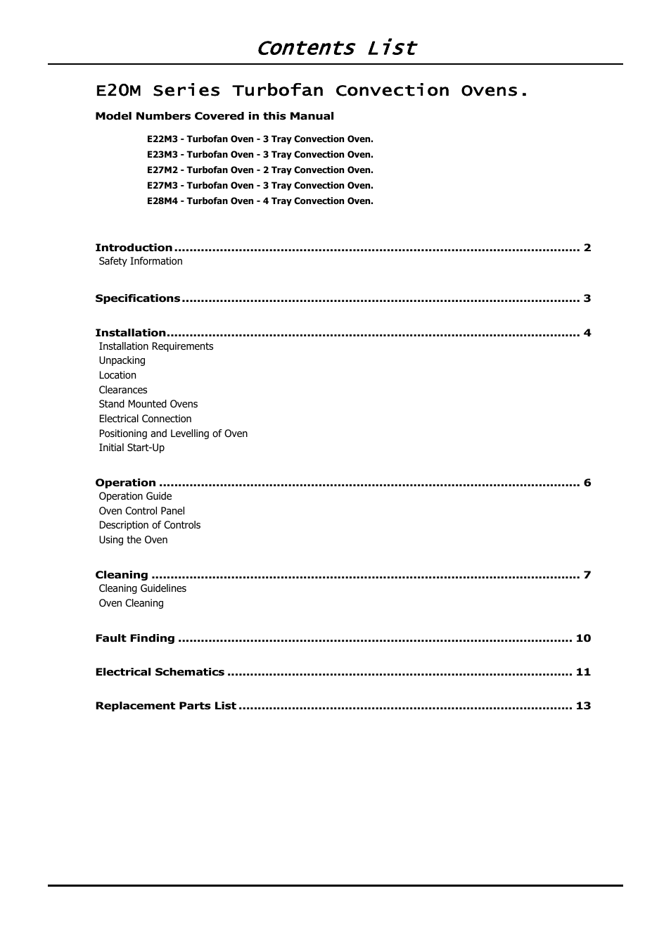 Contents list, E20m series turbofan convection ovens | Moffat TURBOFAN E20M User Manual | Page 3 / 17