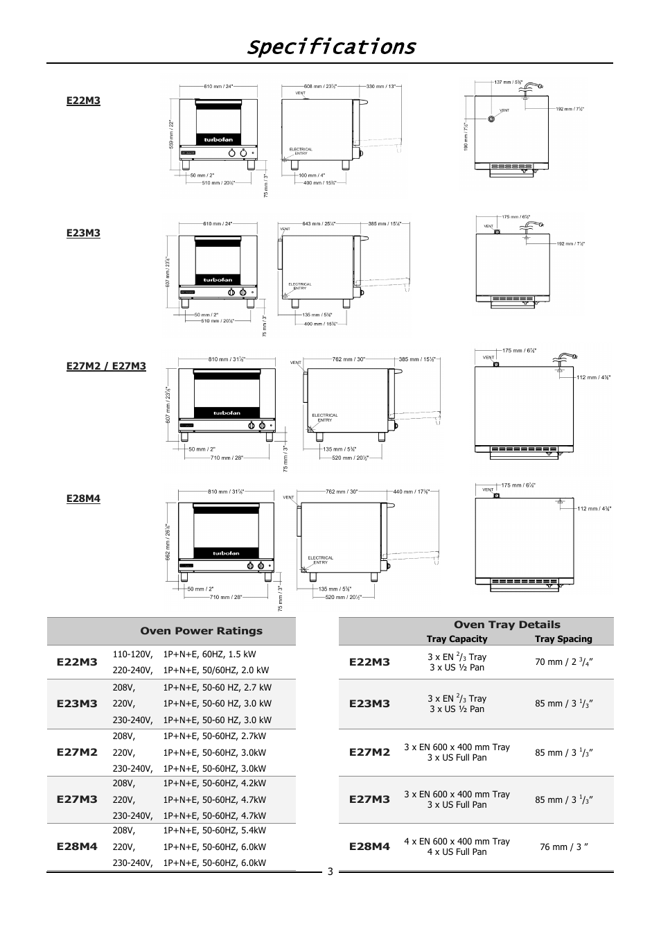 Specifications | Moffat TURBOFAN E20M User Manual | Page 5 / 17