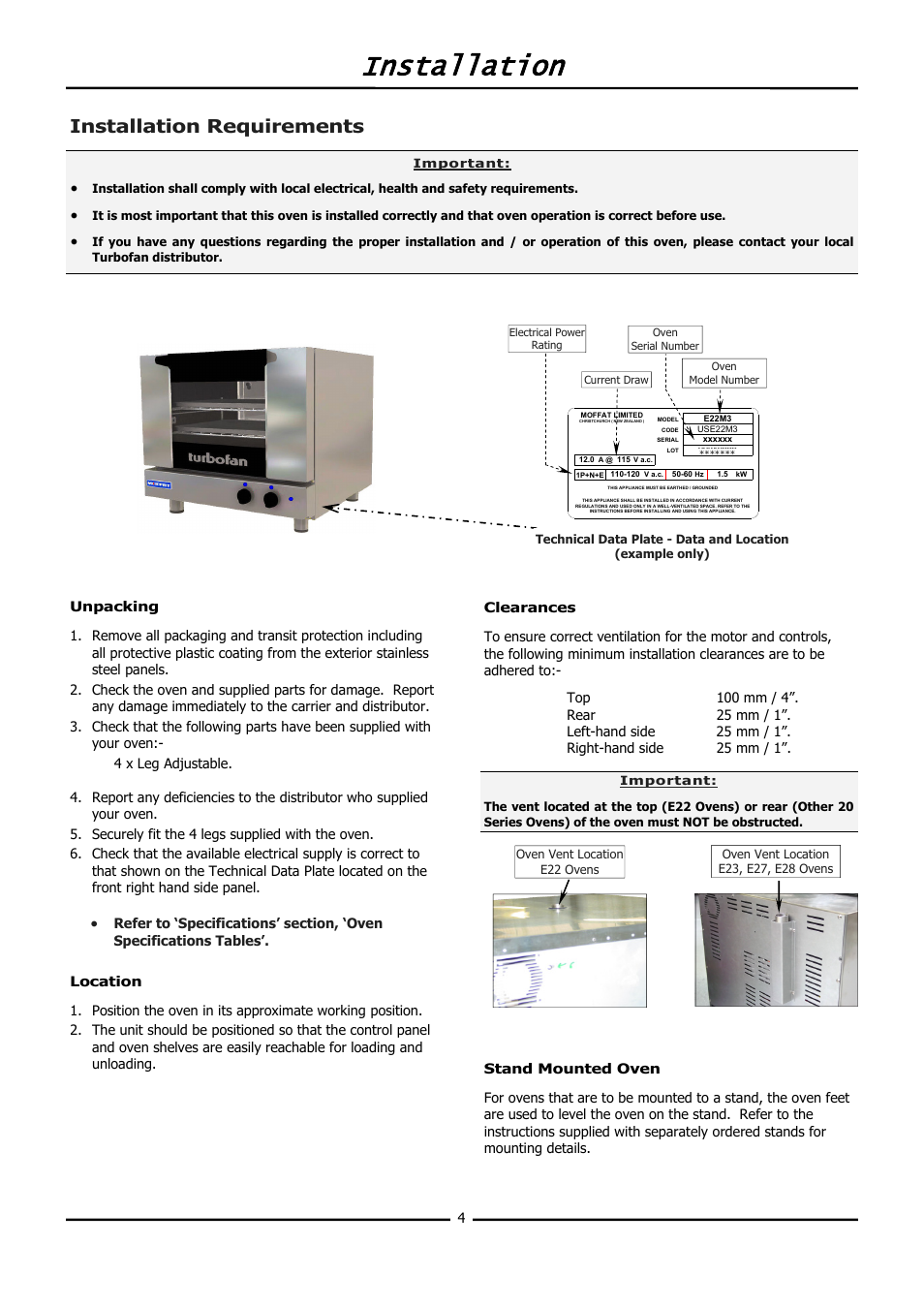 Installation, Installation requirements | Moffat TURBOFAN E20M User Manual | Page 6 / 17
