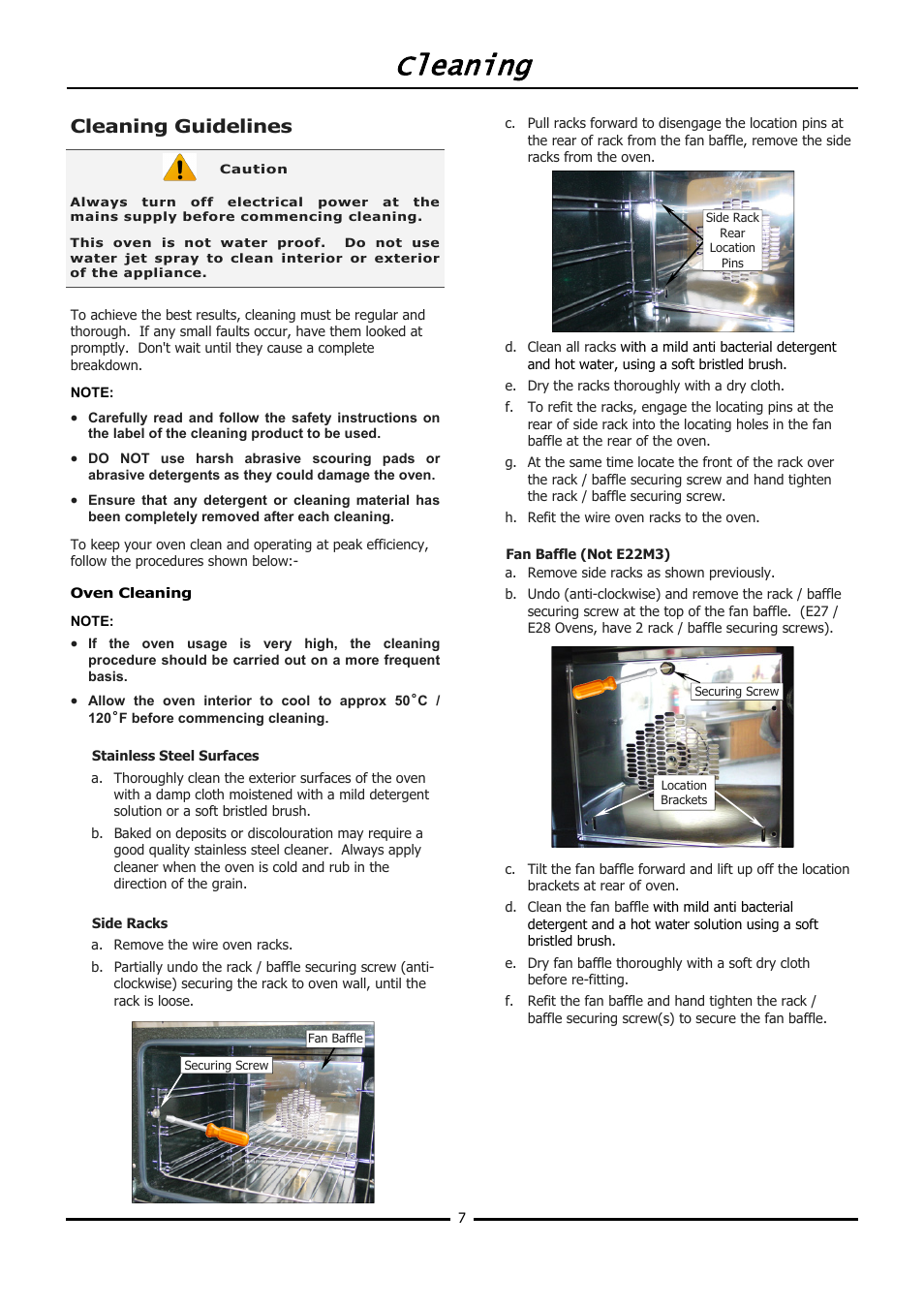 Cleaning, Cleaning guidelines | Moffat TURBOFAN E20M User Manual | Page 9 / 17