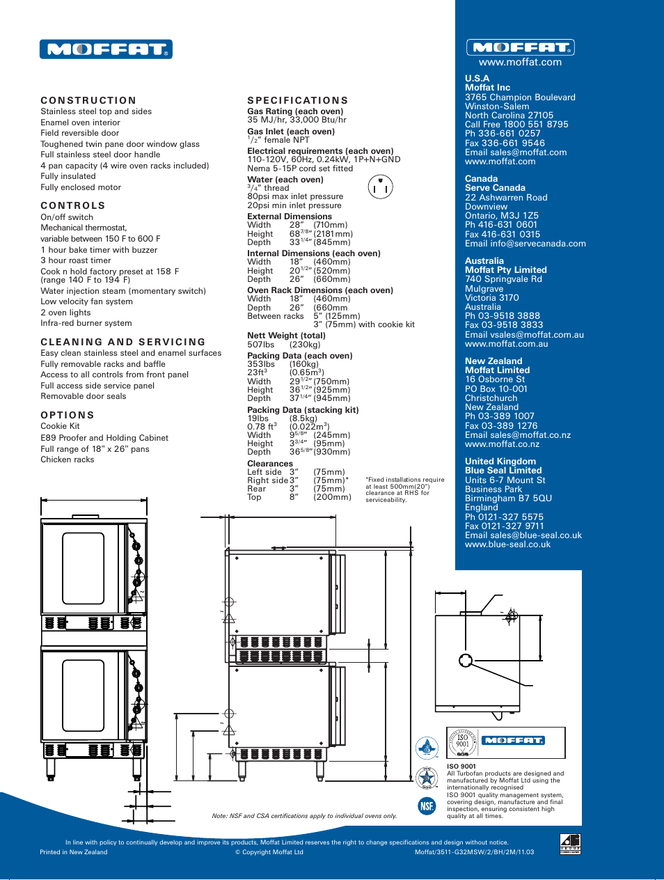 G32msw/2, Double stacked full size gas convection ovens, Iso 9001 | Moffat G32MSW/2 User Manual | Page 2 / 2