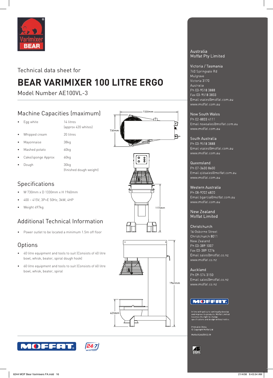 Bear varimixer 100 litre ergo, Technical data sheet for, Specifications | Additional technical information, Options | Moffat AE100VL-3 User Manual | Page 2 / 2