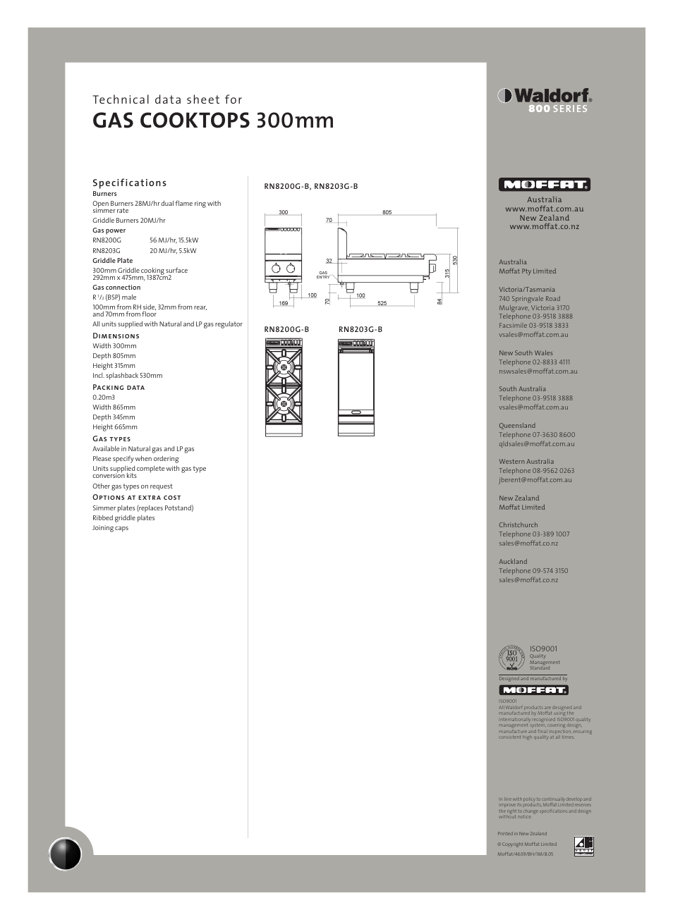 Gas cooktops 300mm, Technical data sheet for, Specifications | Moffat RN8203G-B User Manual | Page 2 / 2