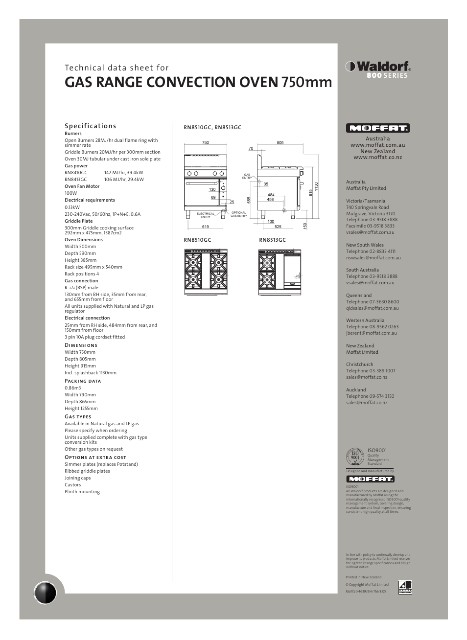 Gas range convection oven 750mm, Technical data sheet for, Specifications | Moffat WALDORF RN8510GC User Manual | Page 2 / 2