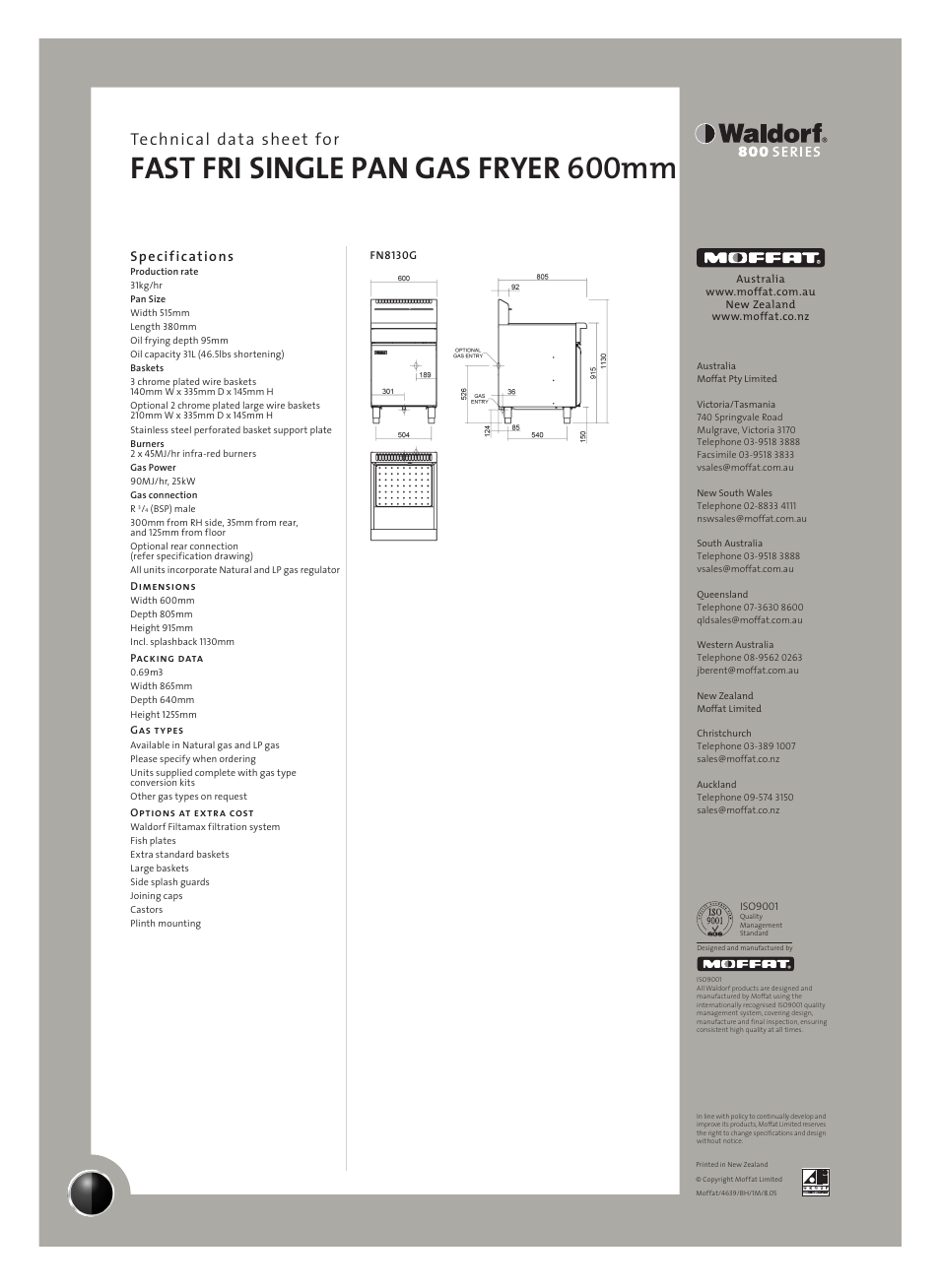 Fast fri single pan gas fryer 600mm, Technical data sheet for, Specifications | Moffat Waldorf FN8130G User Manual | Page 2 / 2