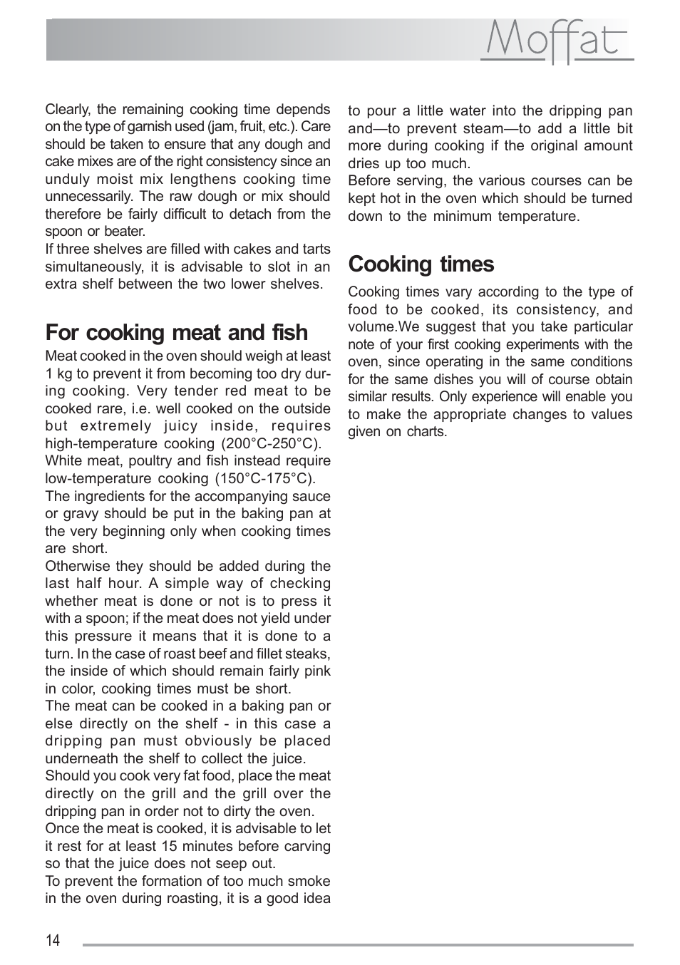 For cooking meat and fish, Cooking times | Moffat MSF 620 User Manual | Page 14 / 28