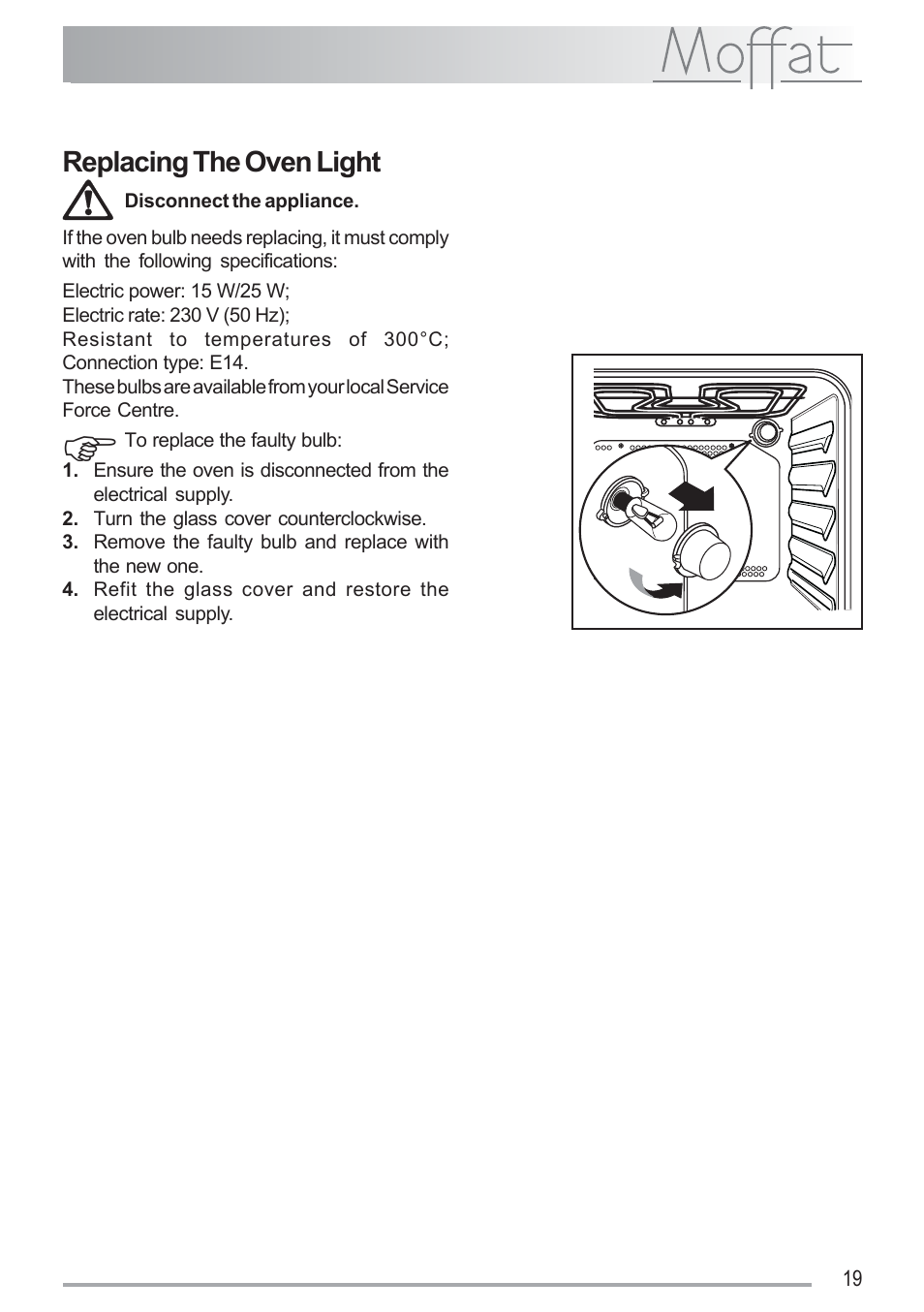 Replacing the oven light | Moffat MSF 620 User Manual | Page 19 / 28