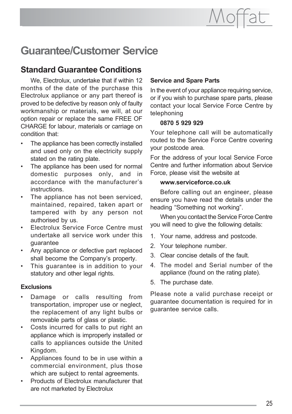 Guarantee/customer service, Standard guarantee conditions | Moffat MSF 620 User Manual | Page 25 / 28