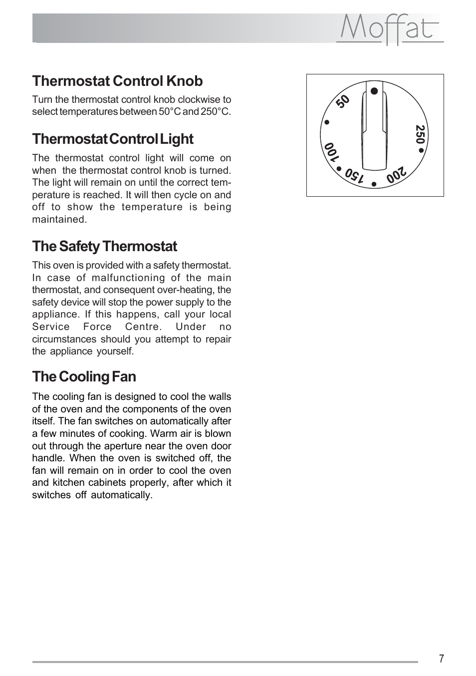 The safety thermostat, The cooling fan, Thermostat control knob | Thermostat control light | Moffat MSF 620 User Manual | Page 7 / 28