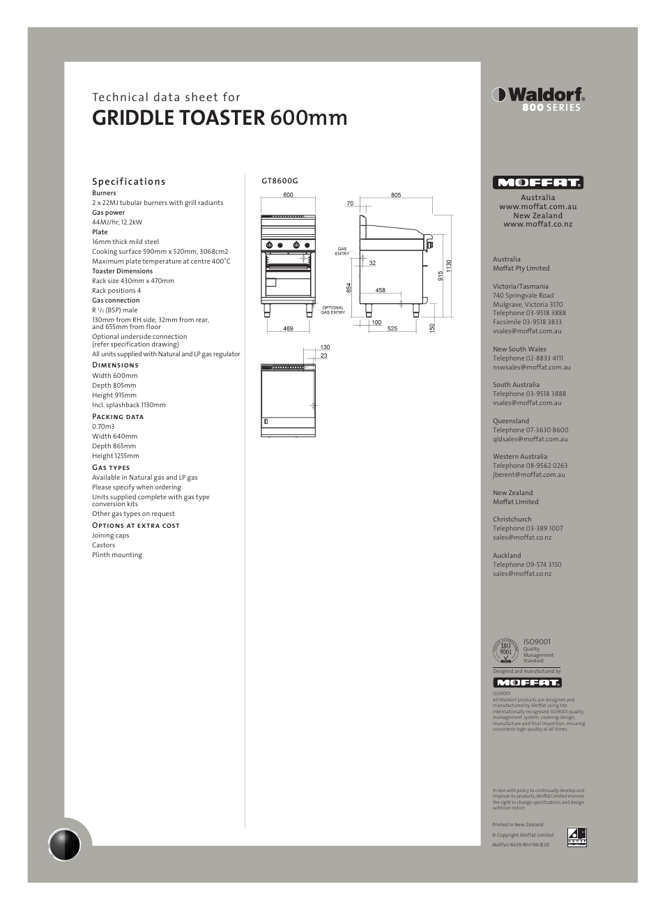 Griddle toaster 600mm, Technical data sheet for, Specifications | Moffat GT8600G User Manual | Page 2 / 2