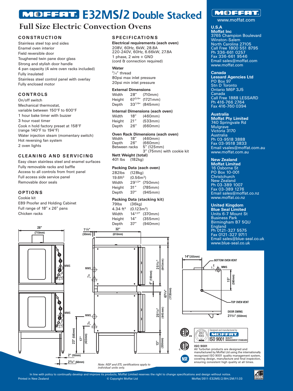 E32ms/2, Double stacked, Full size electric convection ovens | Iso 9001 | Moffat Turbofan E32MS/2 User Manual | Page 2 / 2