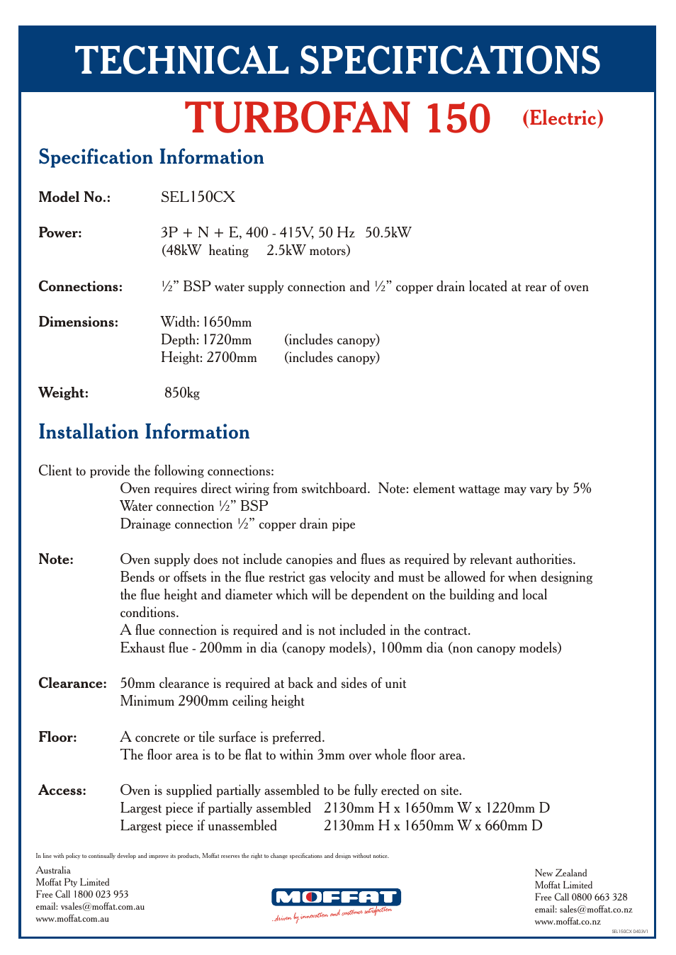 Moffat Turbofan SEL150CX User Manual | 2 pages