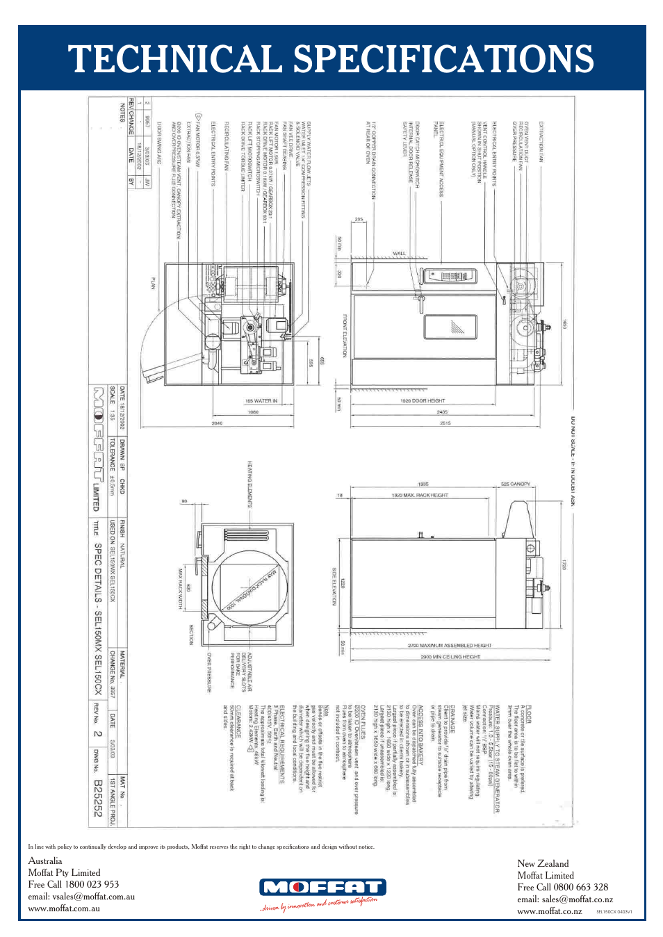 Technical specifications | Moffat Turbofan SEL150CX User Manual | Page 2 / 2