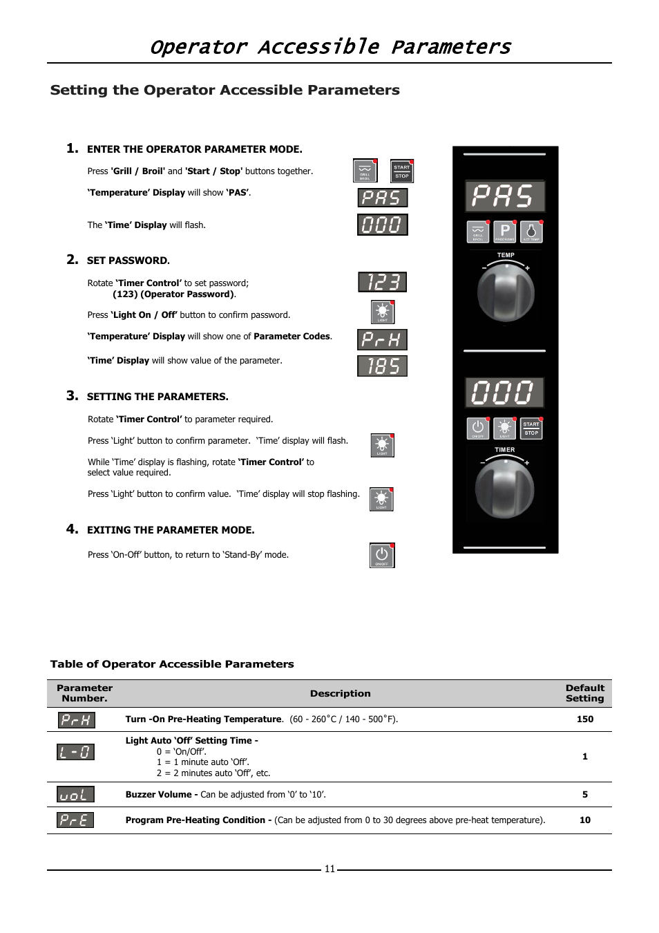 Operator accessible parameters, Setting the operator accessible parameters | Moffat TURBOFAN E31D4 User Manual | Page 13 / 19