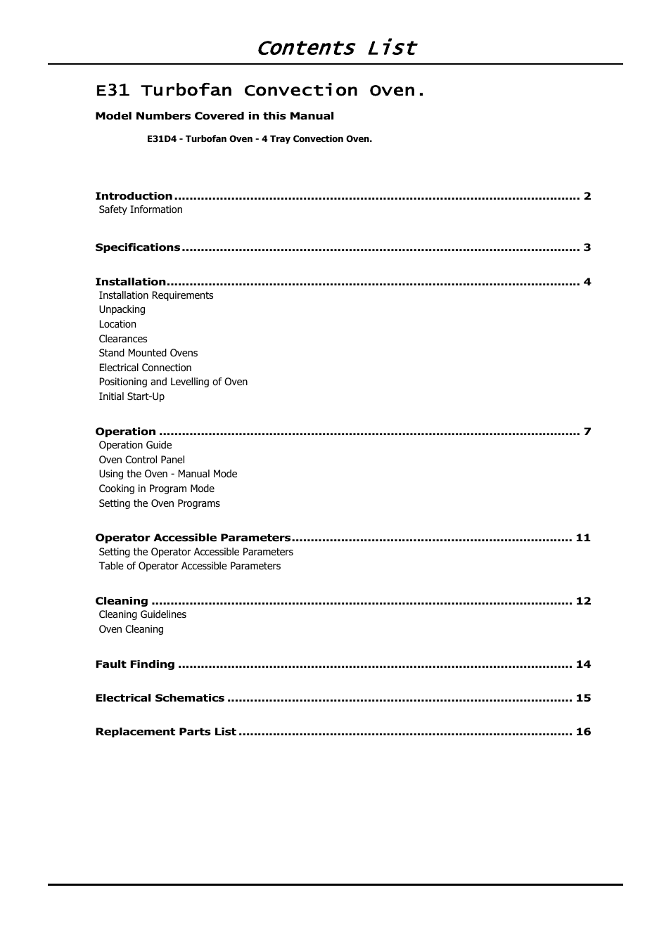 Contents list, E31 turbofan convection oven | Moffat TURBOFAN E31D4 User Manual | Page 3 / 19