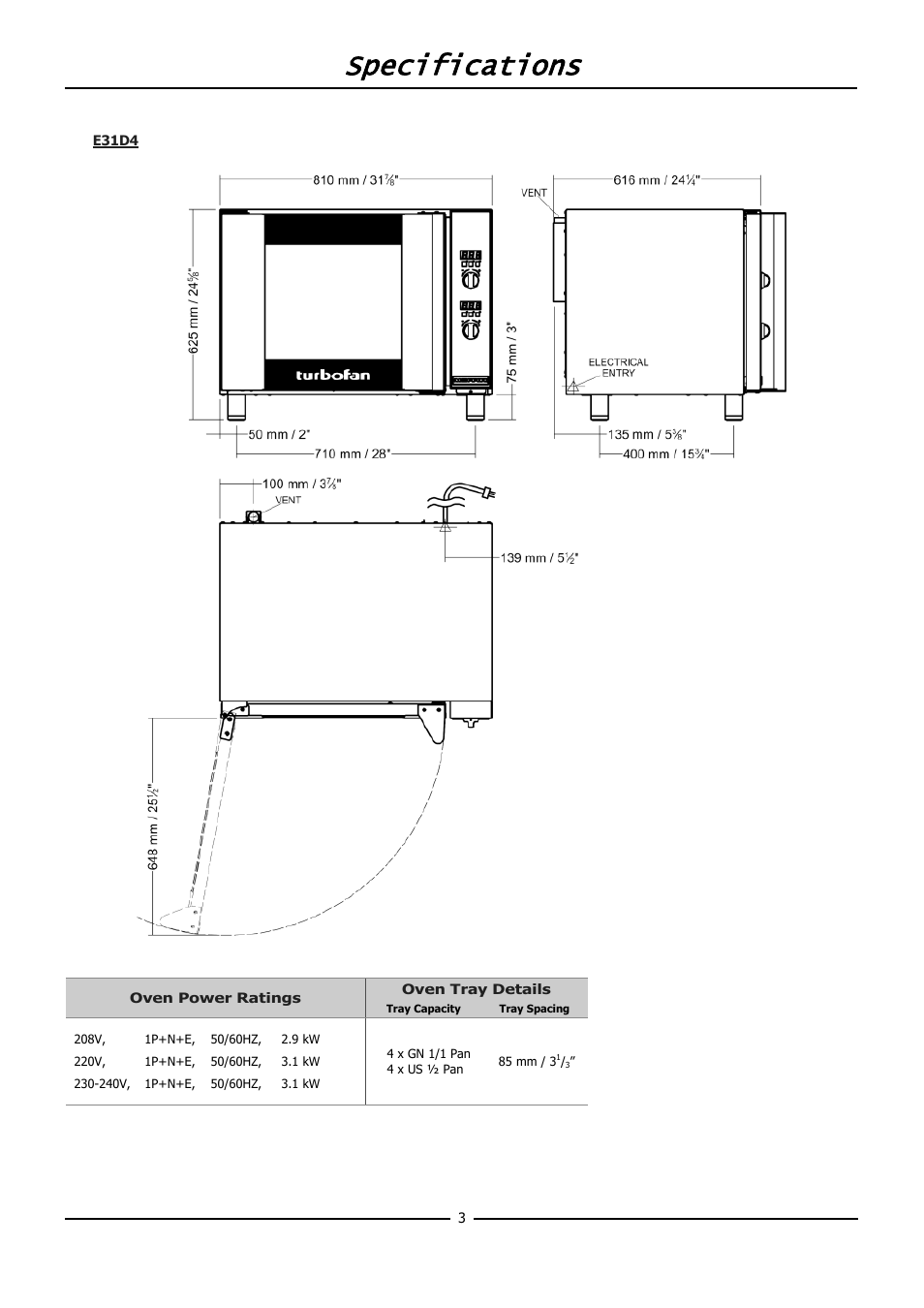 Specifications | Moffat TURBOFAN E31D4 User Manual | Page 5 / 19