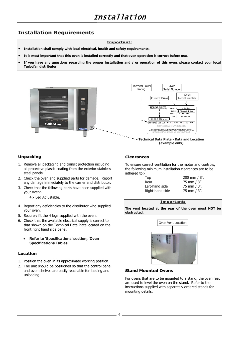 Installation, Installation requirements | Moffat TURBOFAN E31D4 User Manual | Page 6 / 19