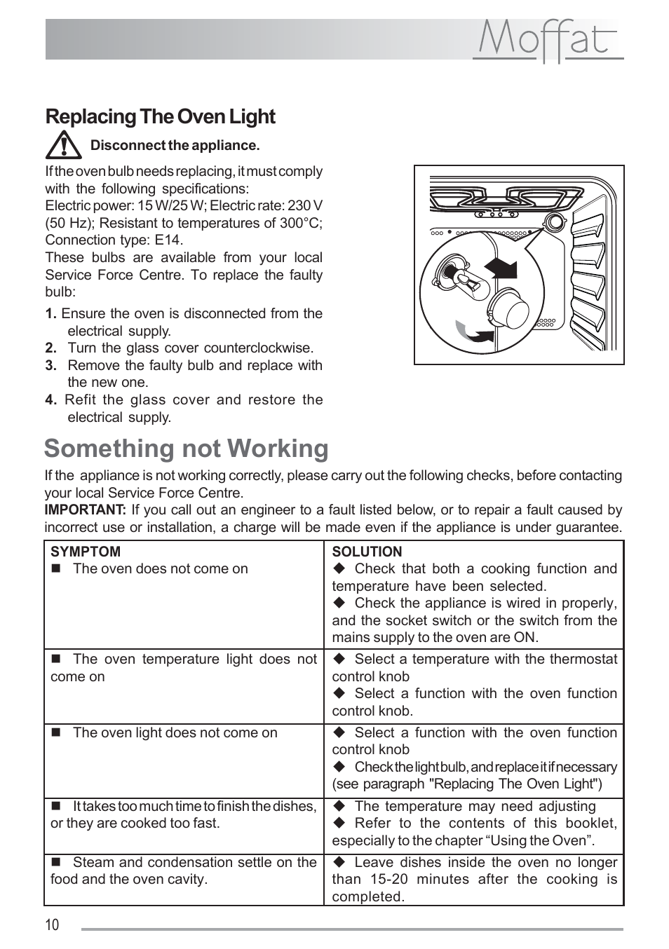 Something not working, Replacing the oven light | Moffat MSS 601 User Manual | Page 10 / 16