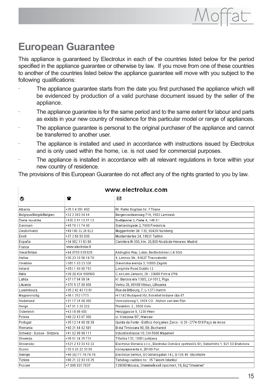 European guarantee | Moffat MSS 601 User Manual | Page 15 / 16