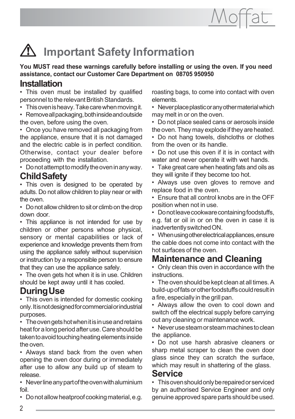 Important safety information, Installation, Child safety | During use, Maintenance and cleaning, Service | Moffat MSS 601 User Manual | Page 2 / 16