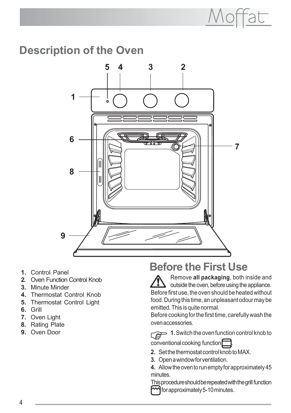 Description of the oven, Before the first use | Moffat MSS 601 User Manual | Page 4 / 16