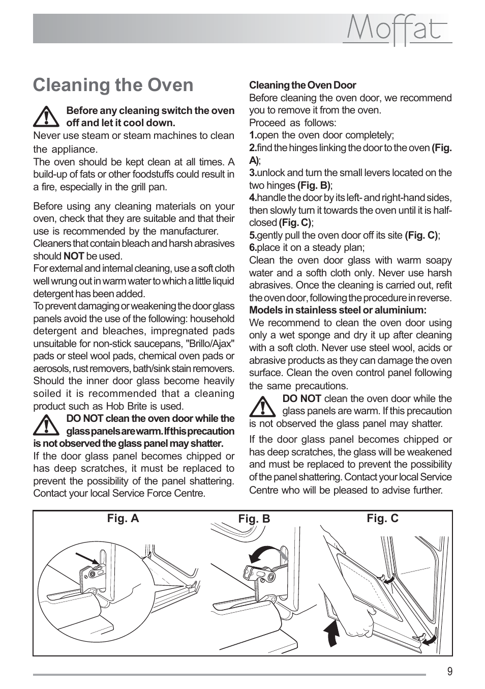Cleaning the oven | Moffat MSS 601 User Manual | Page 9 / 16