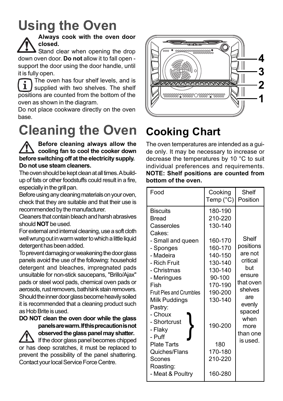 Using the oven, Cleaning the oven, Cooking chart | Moffat MSF 610 User Manual | Page 4 / 8