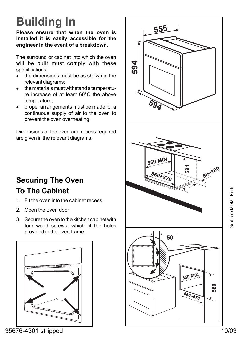 Building in, Securing the oven to the cabinet | Moffat MSF 610 User Manual | Page 8 / 8