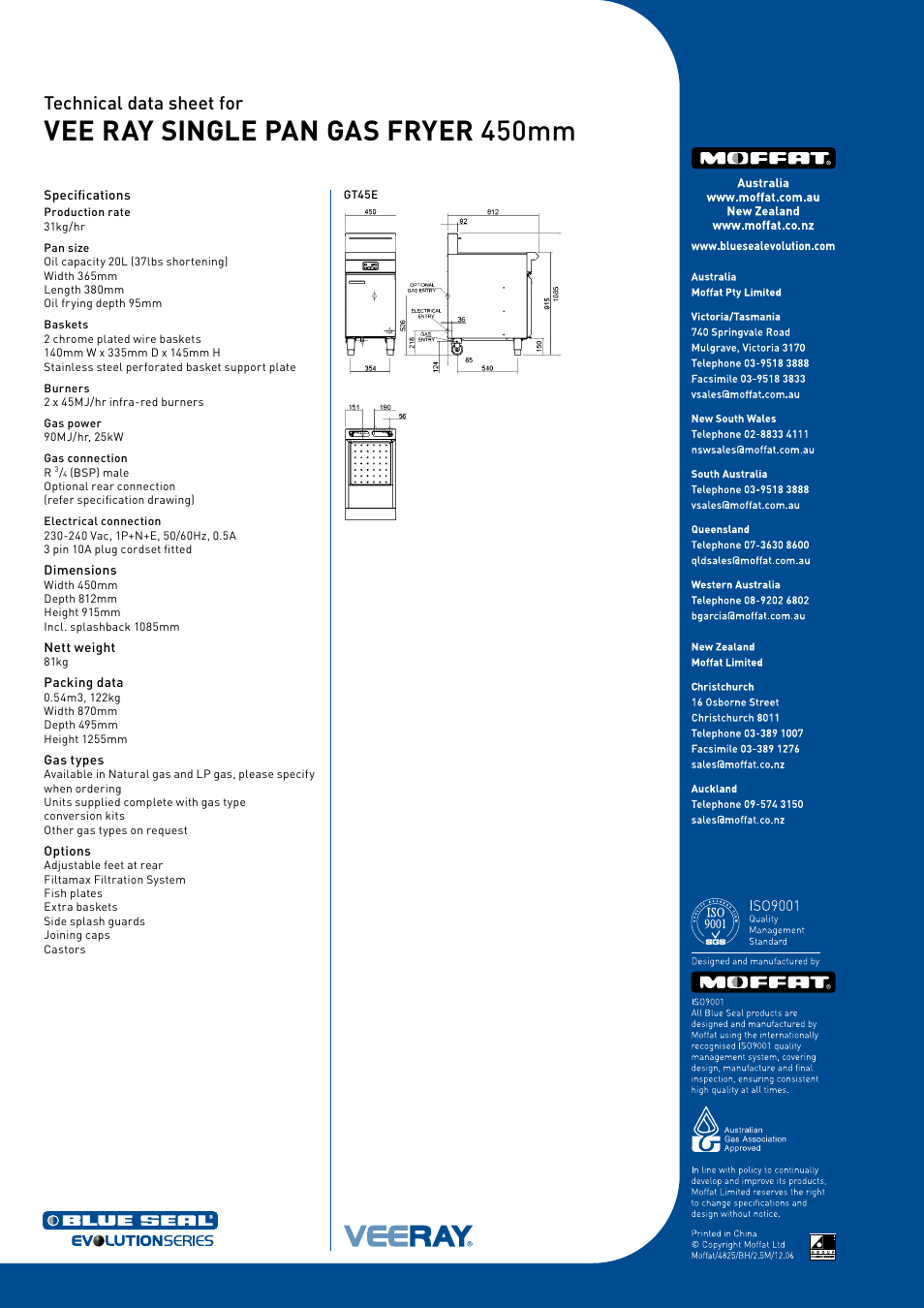Vee ray single pan gas fryer 450mm, Technical data sheet for | Moffat Blue Seal GT45E User Manual | Page 2 / 2