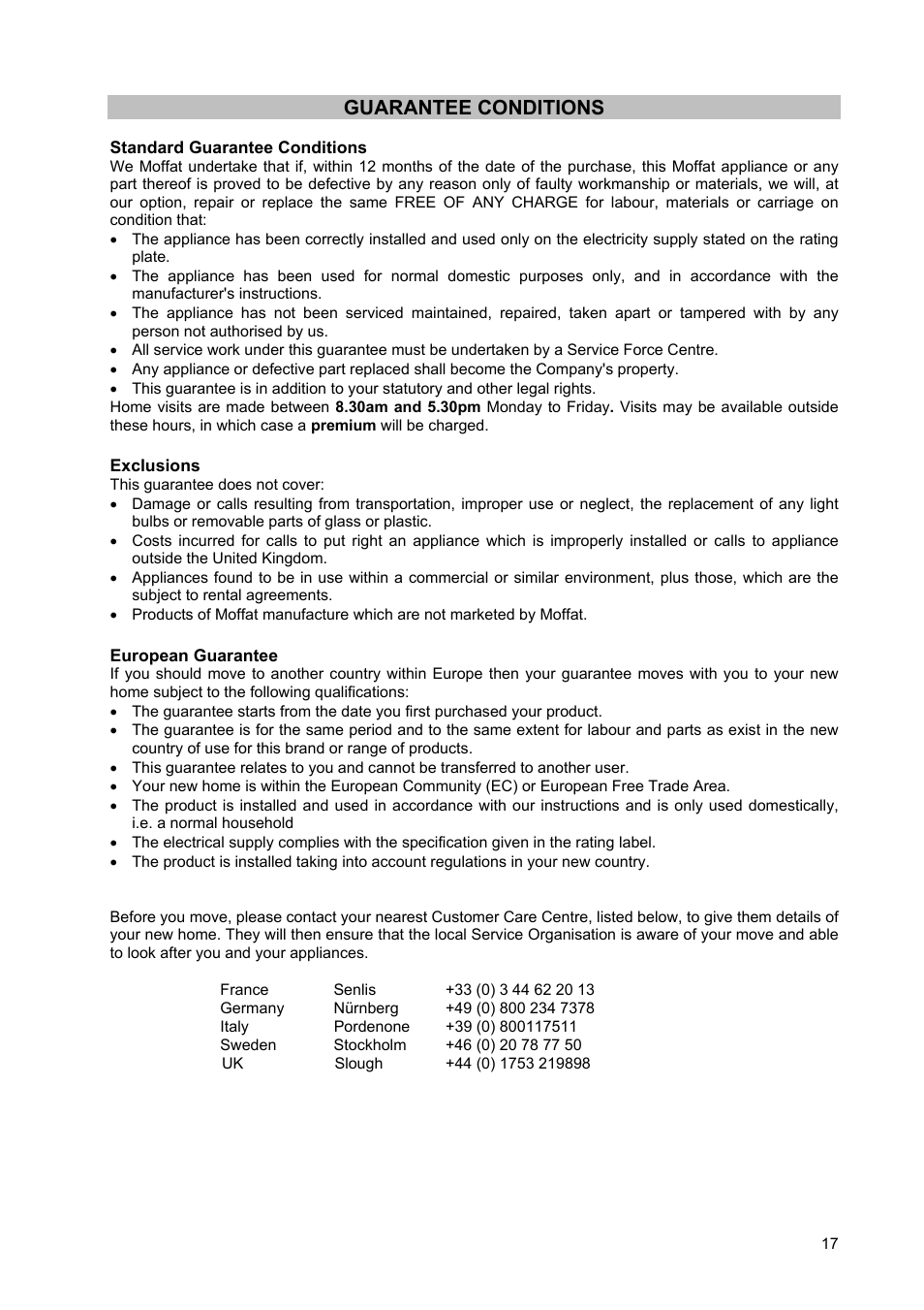 Guarantee conditions | Moffat GSC 5062 User Manual | Page 17 / 25