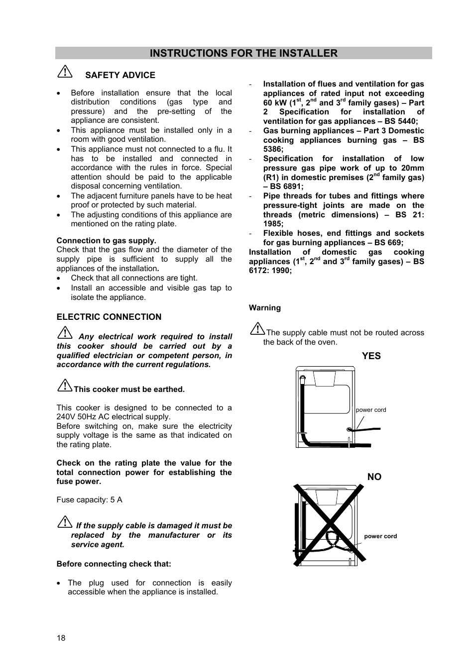 Instructions for the installer | Moffat GSC 5062 User Manual | Page 18 / 25